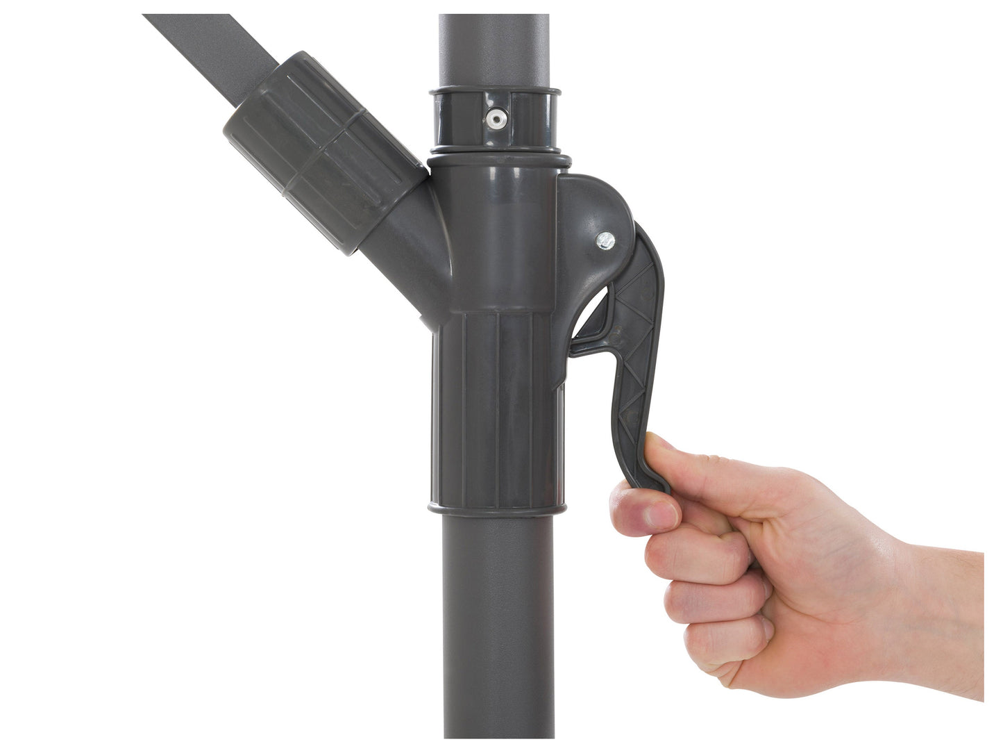 Taupe and white striped 10ft offset umbrella with crank lift and tilt feature for patio or outdoor spaces.