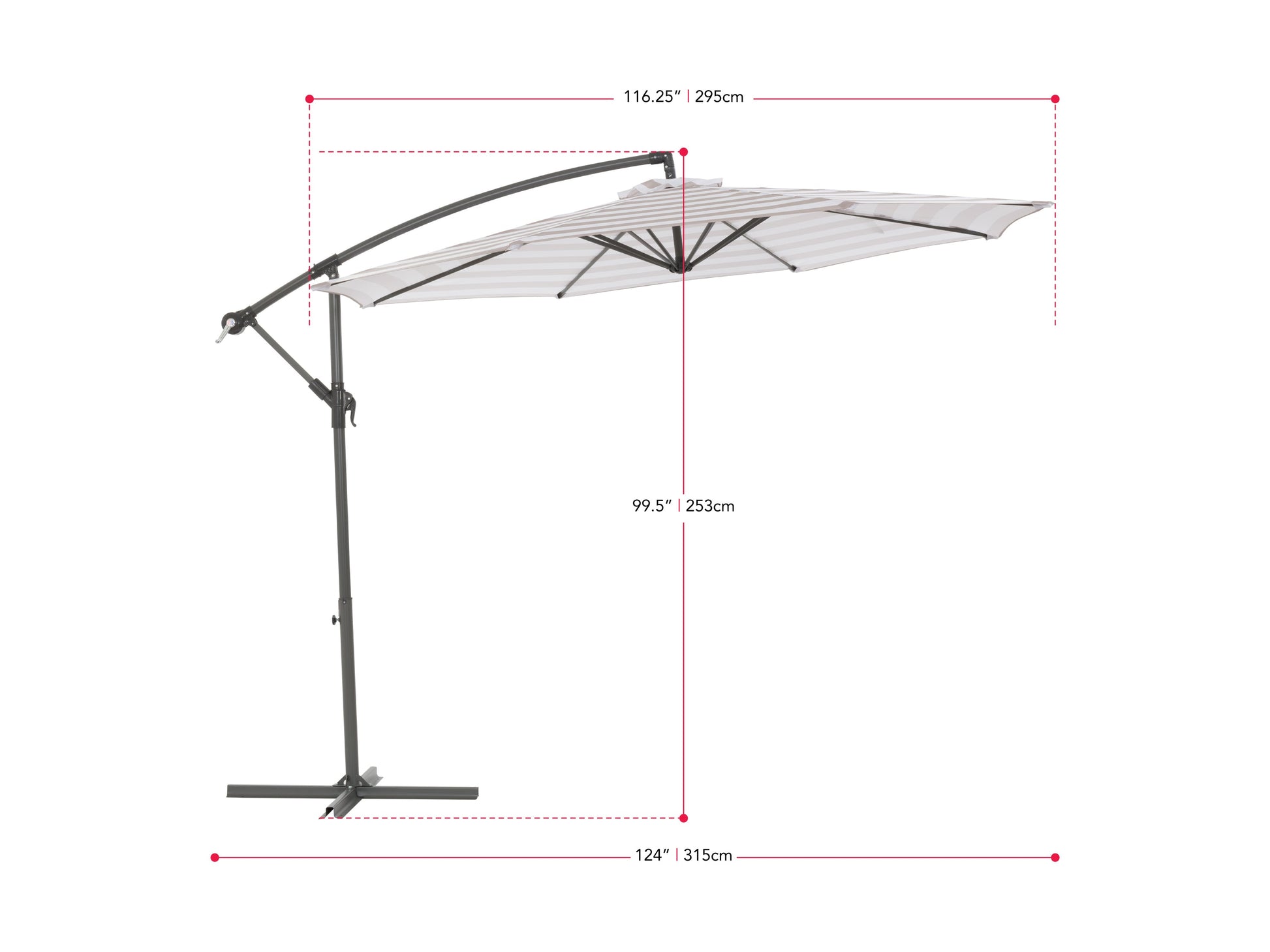 10ft striped taupe and white offset umbrella with adjustable canopy, sturdy aluminum frame, and crank lift system.