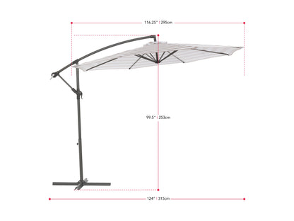 10ft striped taupe and white offset umbrella with adjustable canopy, sturdy aluminum frame, and crank lift system.