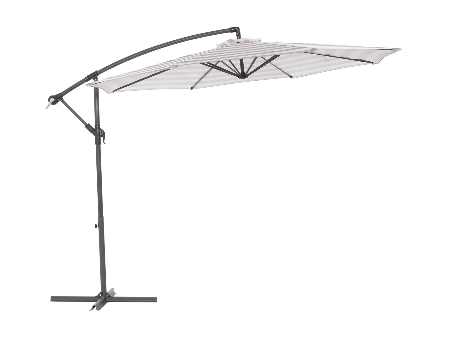 10ft striped offset umbrella in taupe and white, adjustable canopy, durable metal frame, perfect for outdoor patios.