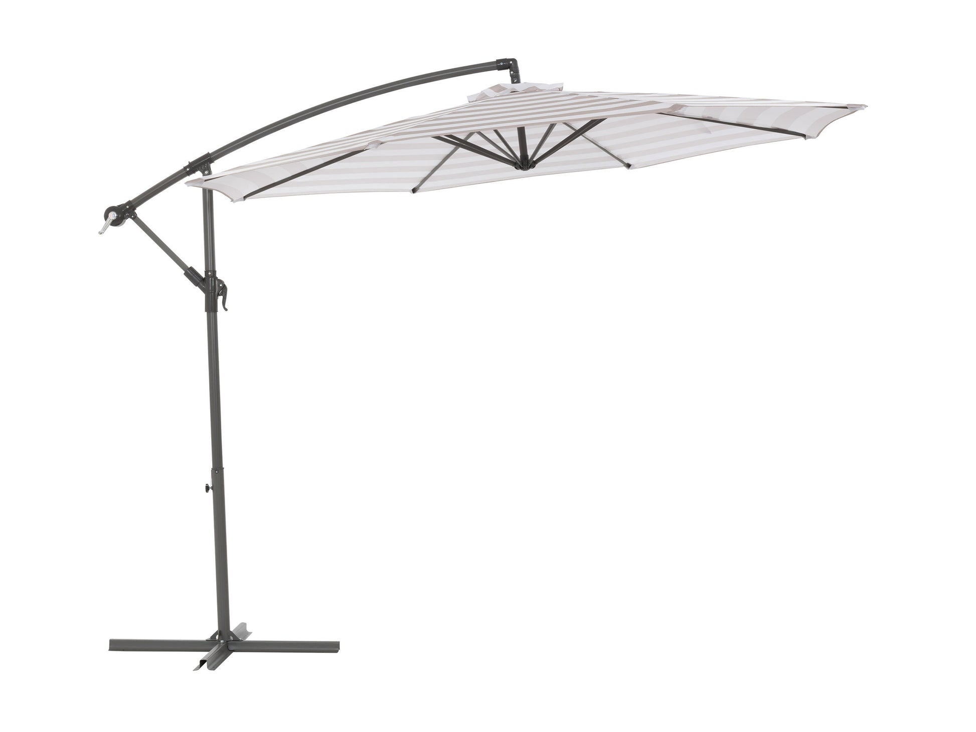 10ft striped offset umbrella in taupe and white, adjustable canopy, durable metal frame, perfect for outdoor patios.