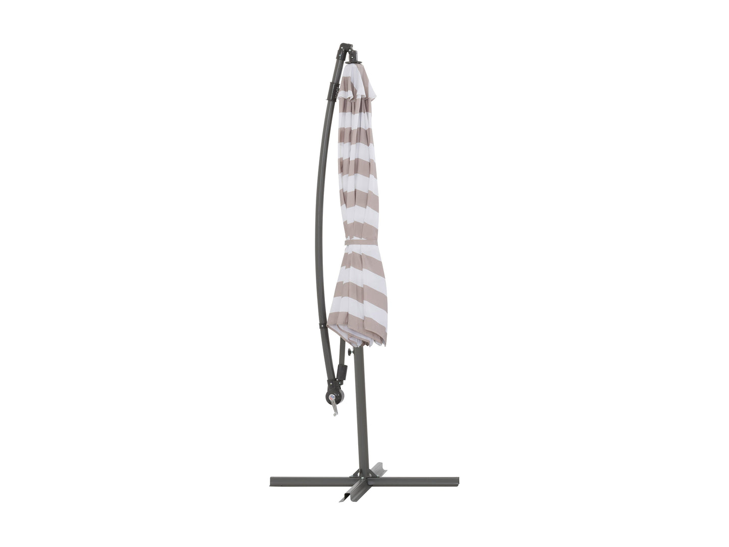 10ft striped taupe and white offset umbrella with adjustable canopy and sturdy metal frame for patio or garden.