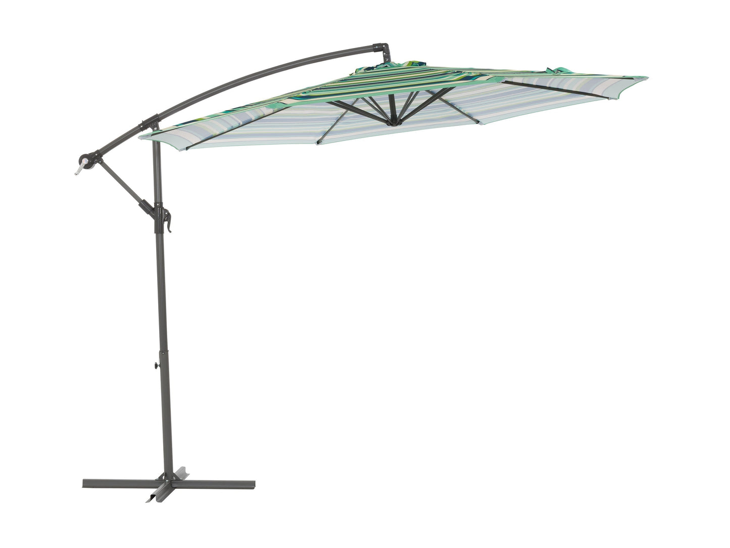 Blue and green 10ft striped offset umbrella with sturdy metal frame, adjustable canopy, and UV protection.