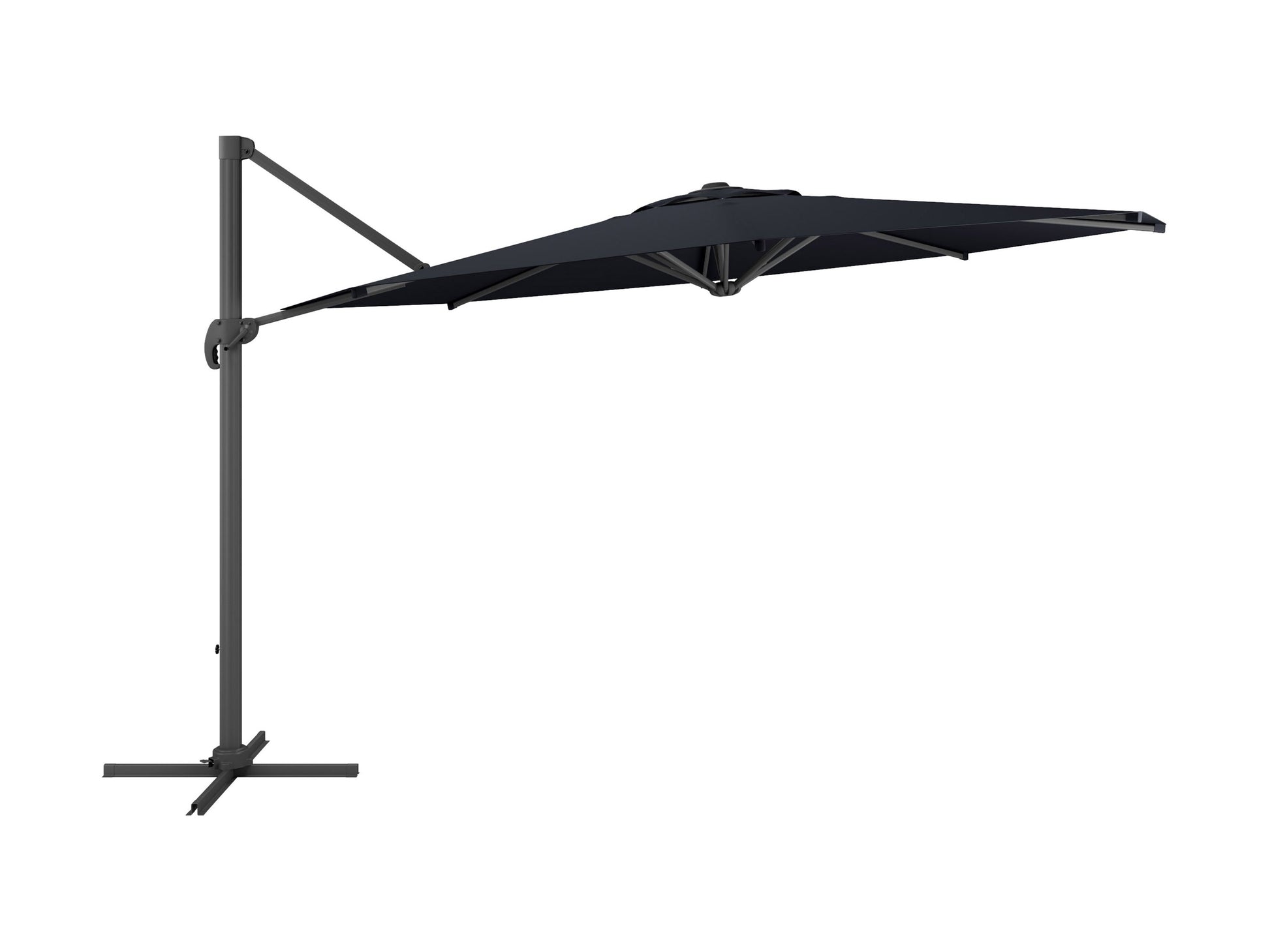 Black 11.5ft deluxe offset patio umbrella with sturdy base, adjustable canopy, and UV-resistant fabric for outdoor use.