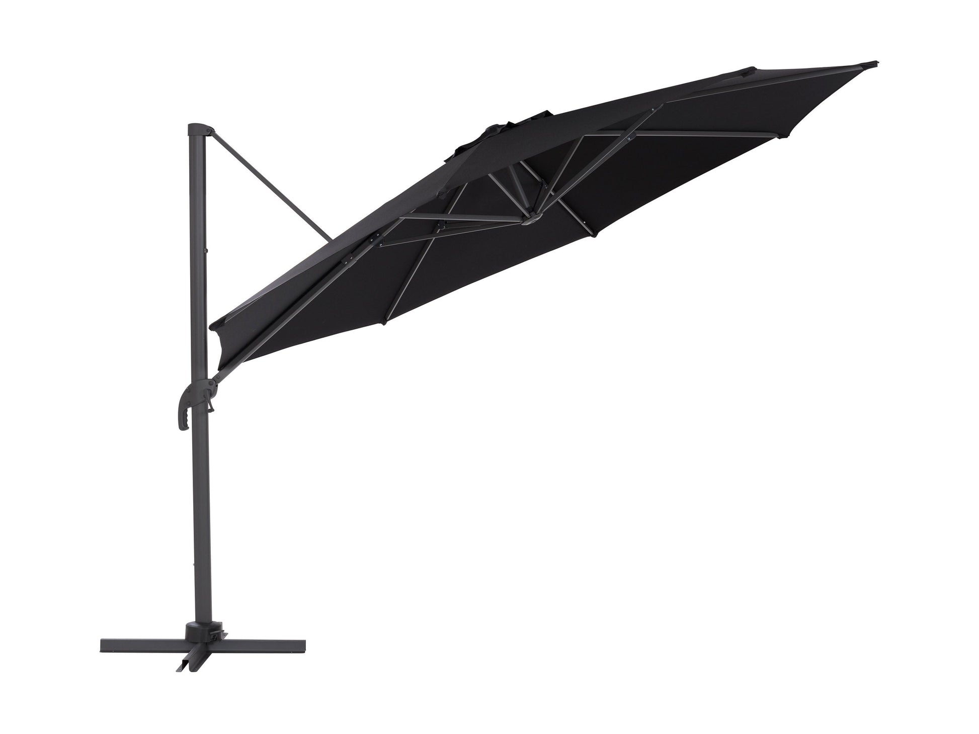 Black 11.5ft deluxe offset patio umbrella with sturdy base, adjustable canopy, and UV protection for outdoor spaces.