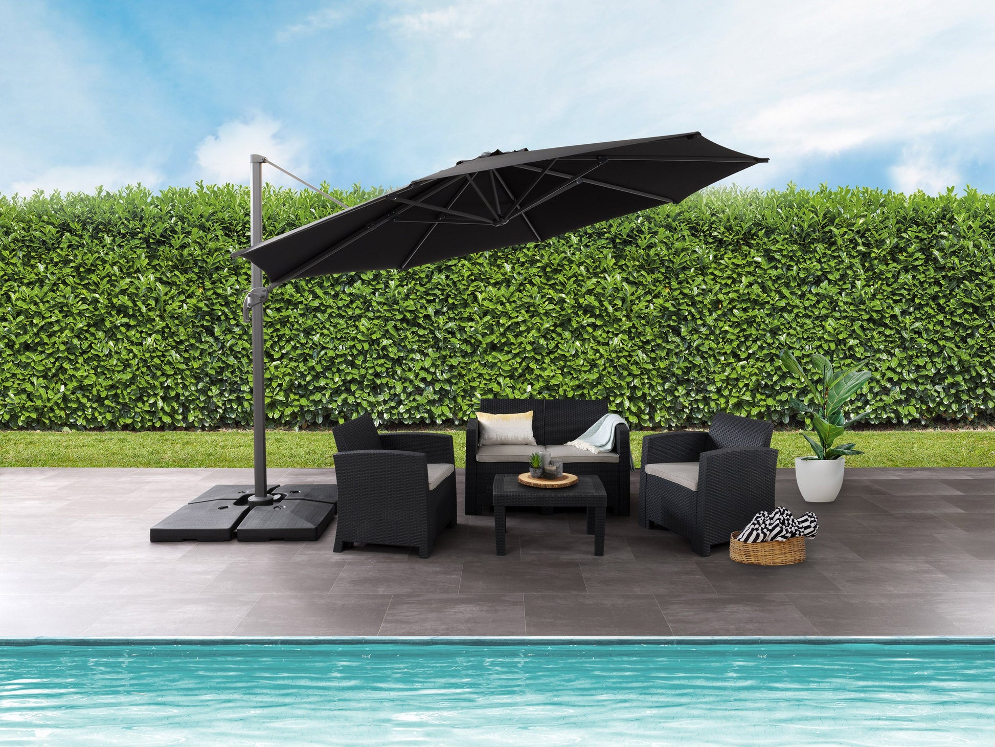 Alt Text: Deluxe offset patio umbrella canopy replacement in beige with durable fabric, 11.5ft wide, UV-resistant, and water-repellent, perfect for outdoor shade on patios and gardens.