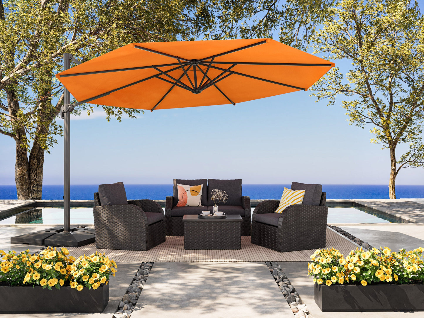 Orange 11.5ft deluxe offset patio umbrella with sturdy base, UV-resistant canopy, and adjustable tilt mechanism.