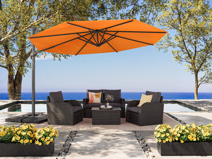 Orange 11.5ft deluxe offset patio umbrella with sturdy base, UV-resistant canopy, and adjustable tilt mechanism.