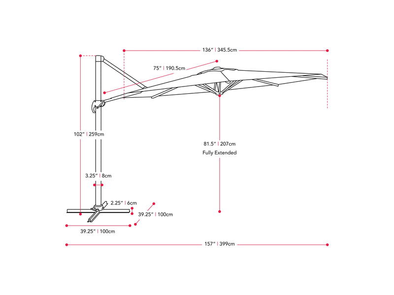 warm white deluxe offset patio umbrella 500 Series measurements diagram CorLiving