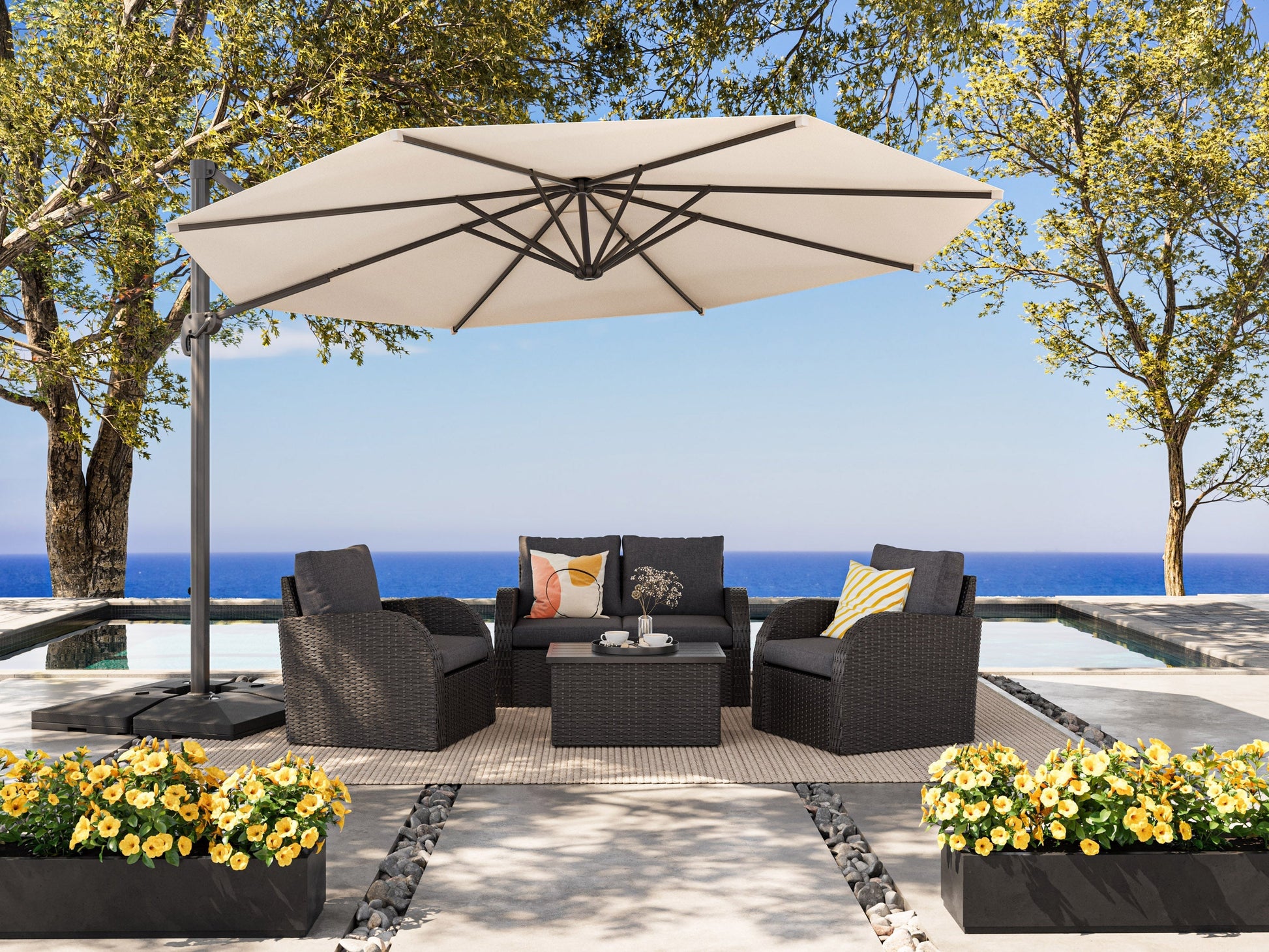 11.5ft deluxe offset patio umbrella in warm white with adjustable canopy and sturdy base, perfect for outdoor shade.