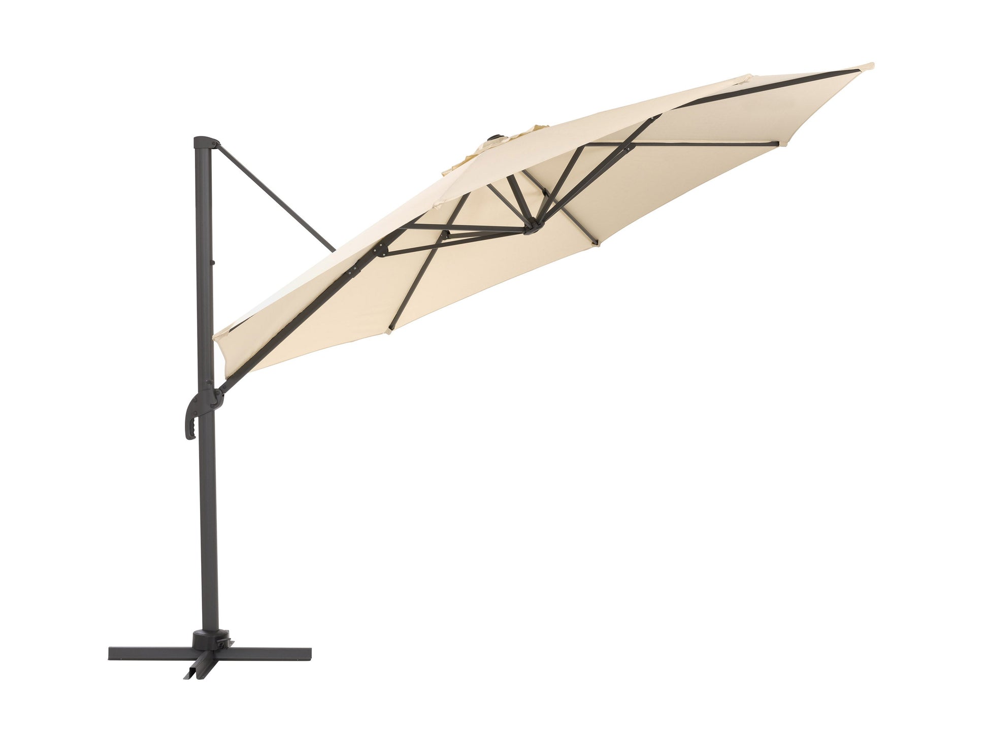Deluxe 11.5ft offset patio umbrella in warm white with sturdy aluminum frame and adjustable tilt mechanism.