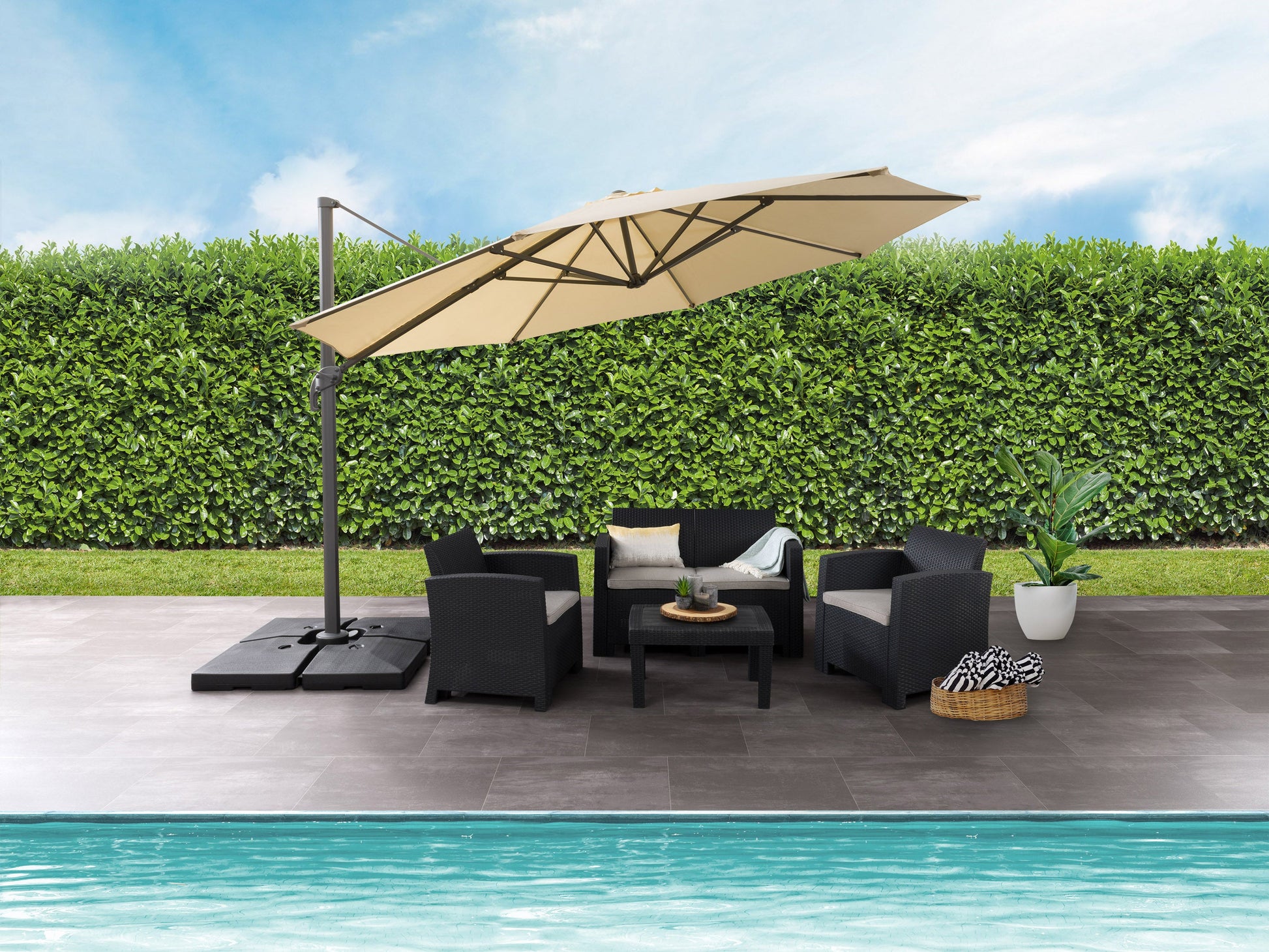 Beige 11.5ft deluxe offset patio umbrella canopy replacement with UV protection, water-resistant fabric, and easy-to-install design, perfect for outdoor seating areas and garden patios.