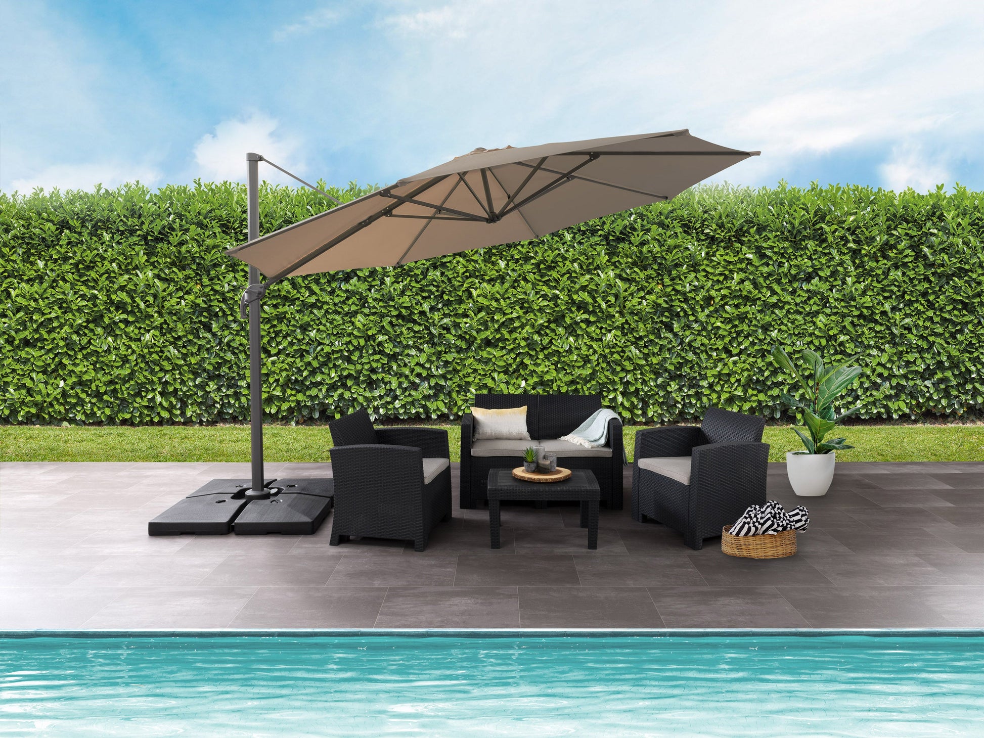 Beige and brown 11.5ft deluxe offset patio umbrella canopy replacement with durable fabric, UV protection, and wind-resistant features, designed to fit large outdoor umbrellas for enhanced shade and style.