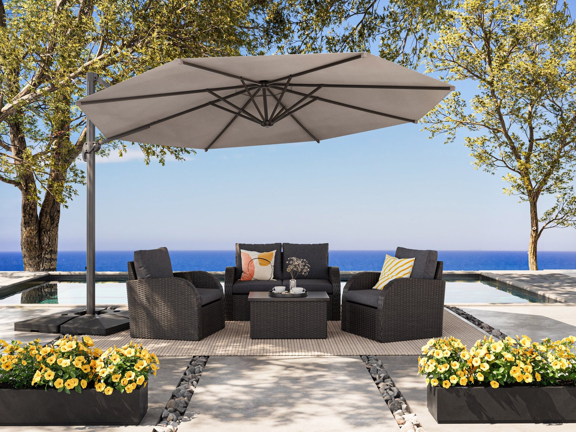 Grey 11.5ft deluxe offset patio umbrella with durable fabric canopy and sturdy black metal frame.