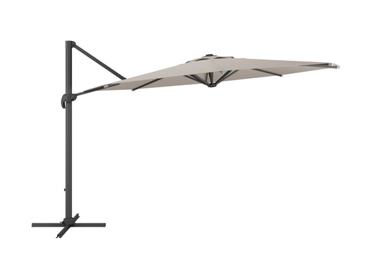 Grey 11.5ft deluxe offset patio umbrella with a sturdy base, UV-resistant canopy, and adjustable tilt feature for outdoor shade.