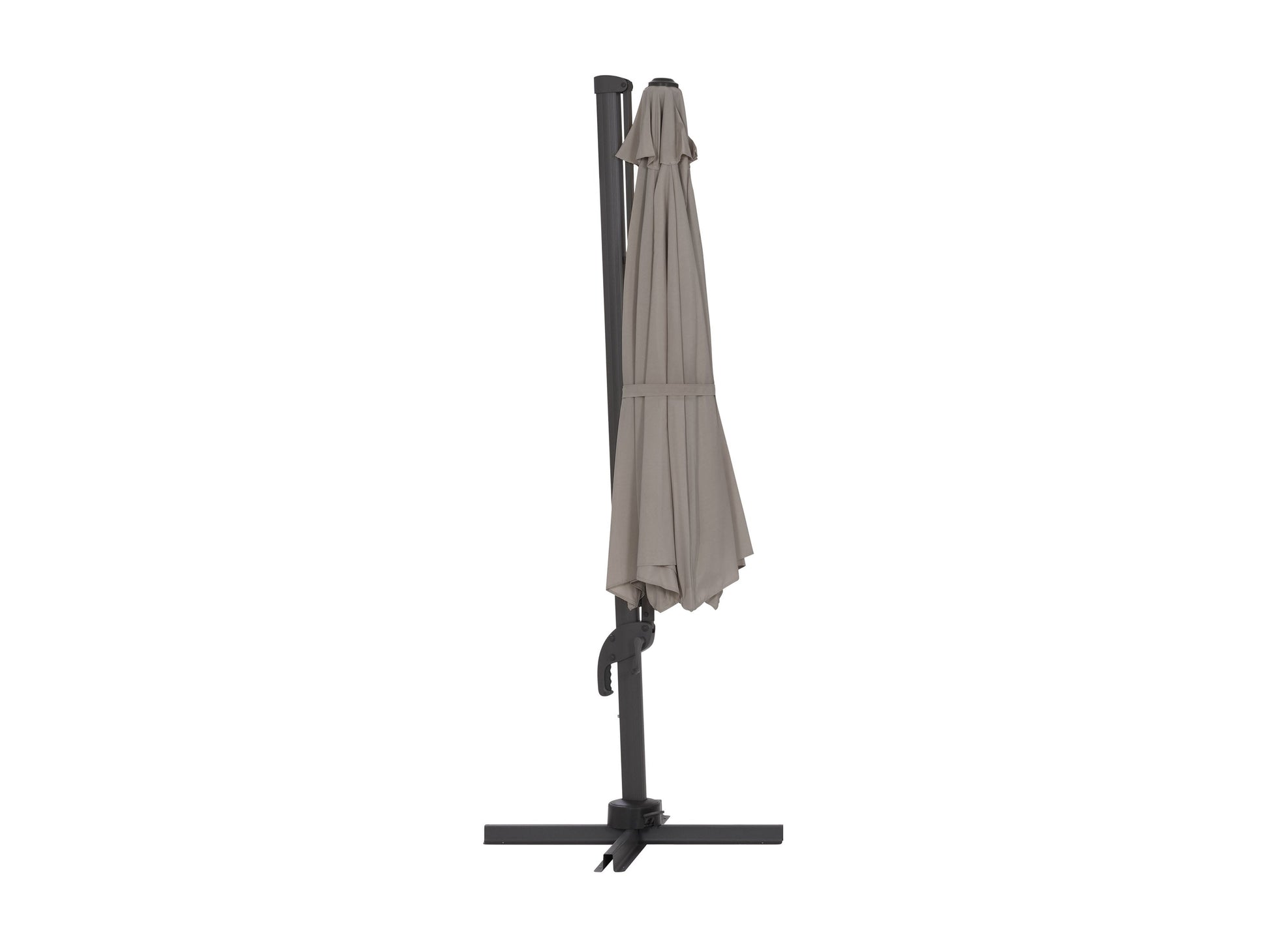 Grey 11.5ft Deluxe Offset Patio Umbrella with sturdy base, UV-resistant fabric, and adjustable tilt for outdoor shade.