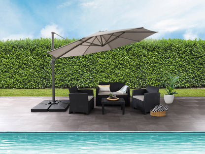 Beige 11.5ft deluxe offset patio umbrella canopy replacement with UV protection, water-resistant fabric, and vented top for optimal airflow. Ideal for outdoor settings, providing shade and durability.