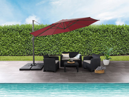 Wine red 11.5ft deluxe offset patio umbrella with sturdy aluminum frame, crank lift system, and UV-resistant fabric, providing ample shade for outdoor seating areas.