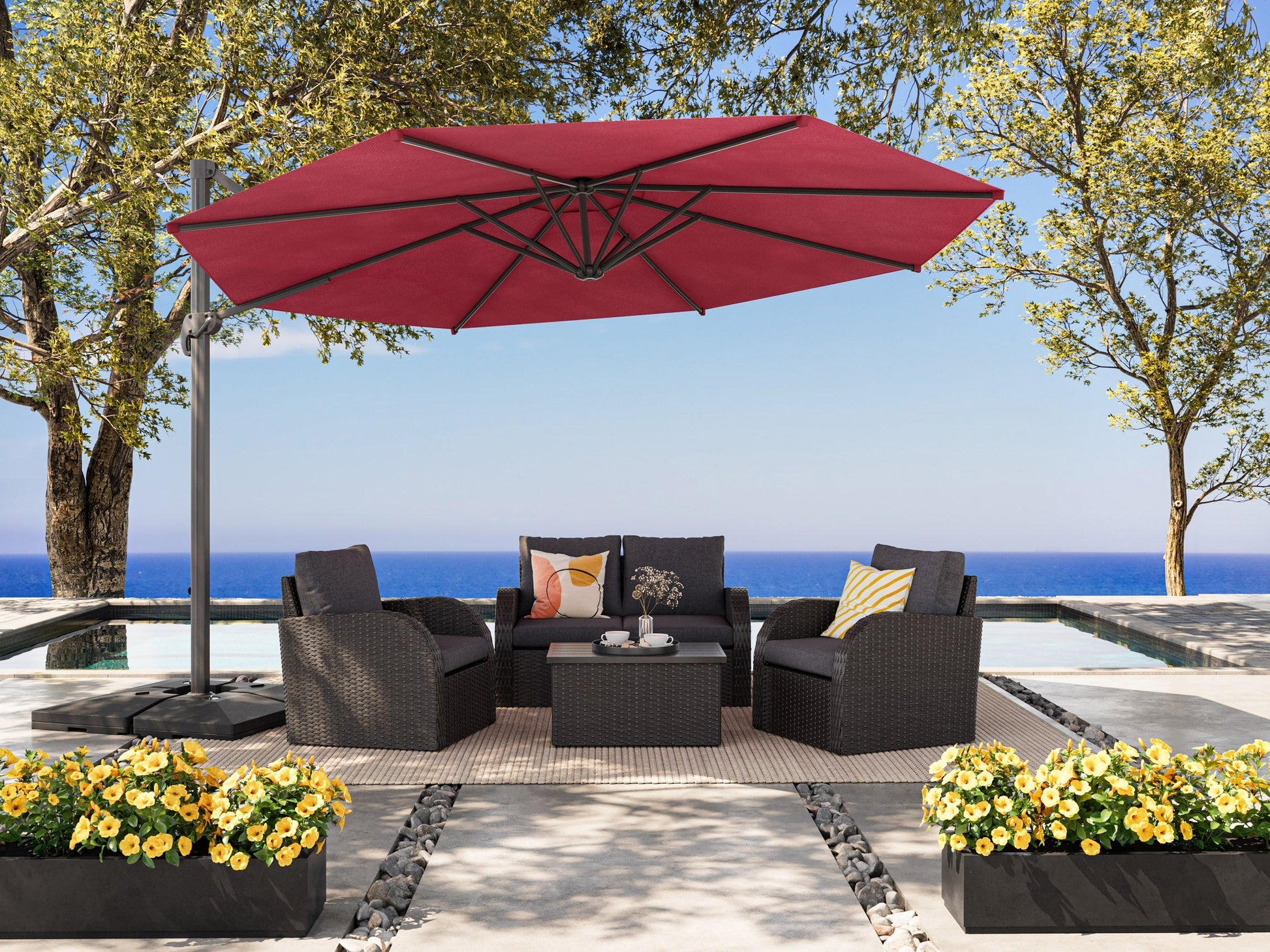 Wine red 11.5ft deluxe offset patio umbrella with sturdy base, adjustable canopy, and weather-resistant fabric.
