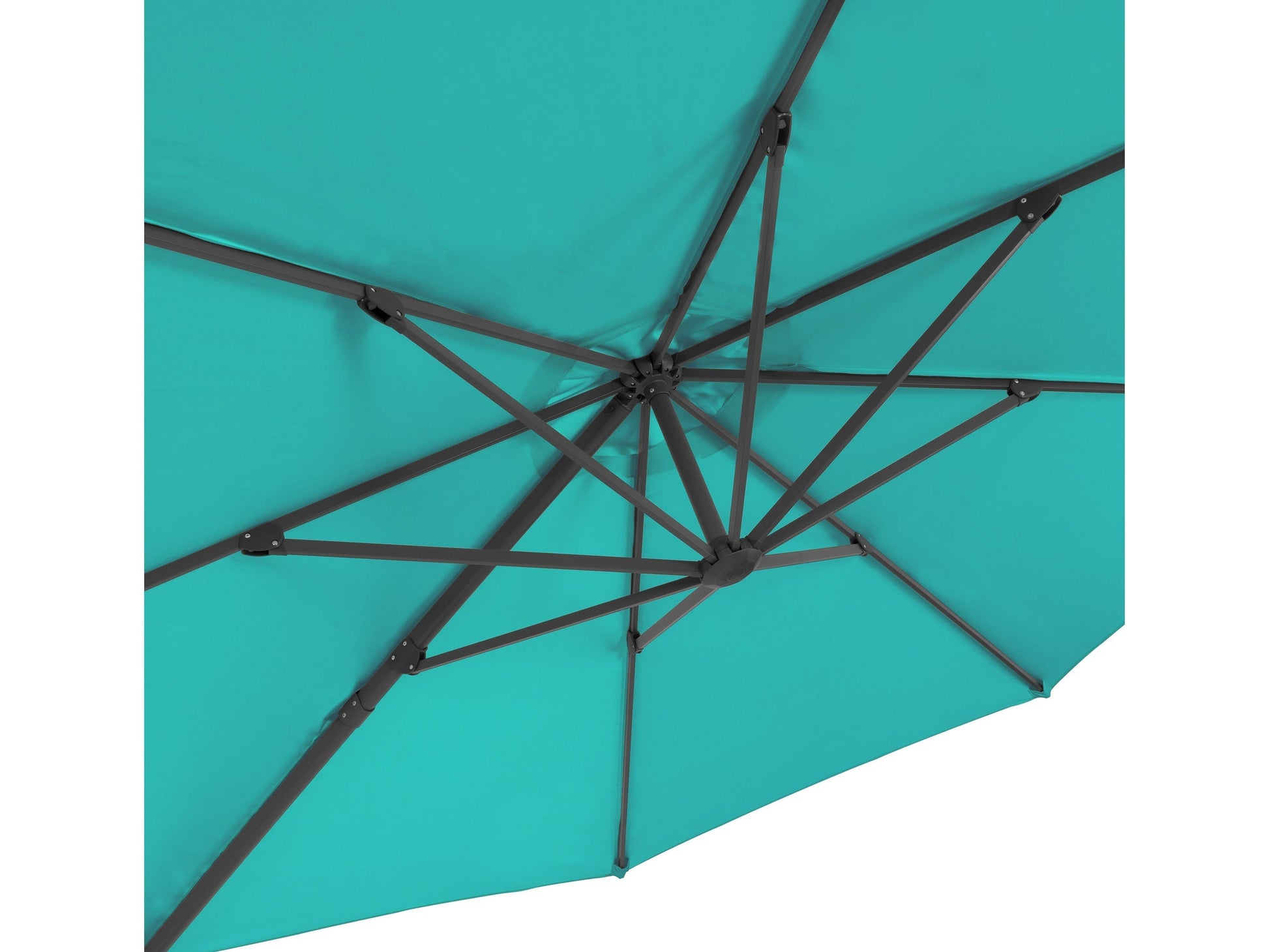 Turquoise 11.5ft deluxe offset patio umbrella with sturdy base and UV-resistant canopy for outdoor shade.