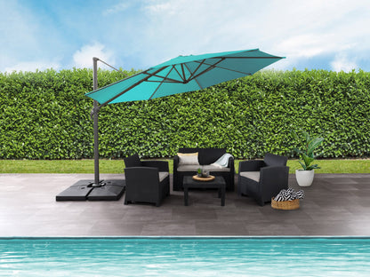 Turquoise 11.5ft deluxe offset patio umbrella with sturdy base and adjustable canopy.