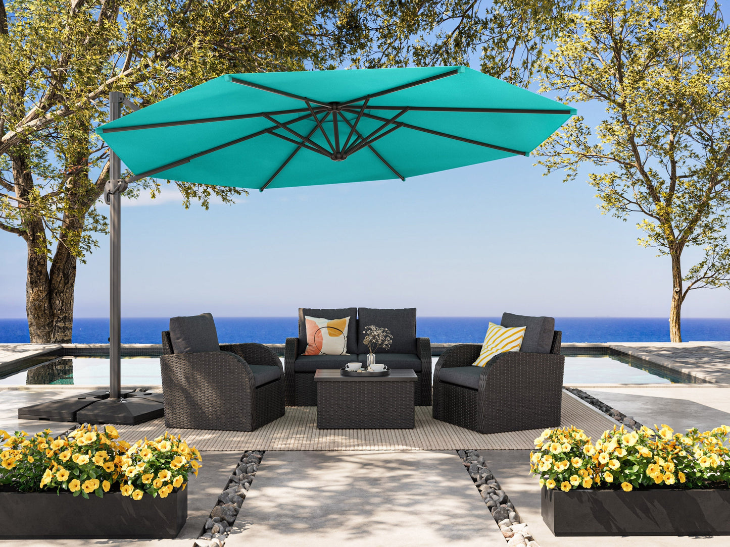 Deluxe turquoise patio umbrella, 11.5ft offset design, UV-resistant fabric, sturdy aluminum frame, and crank lift system.