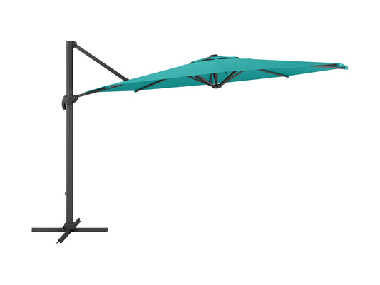 Turquoise 11.5ft deluxe offset patio umbrella with sturdy metal frame and adjustable canopy.