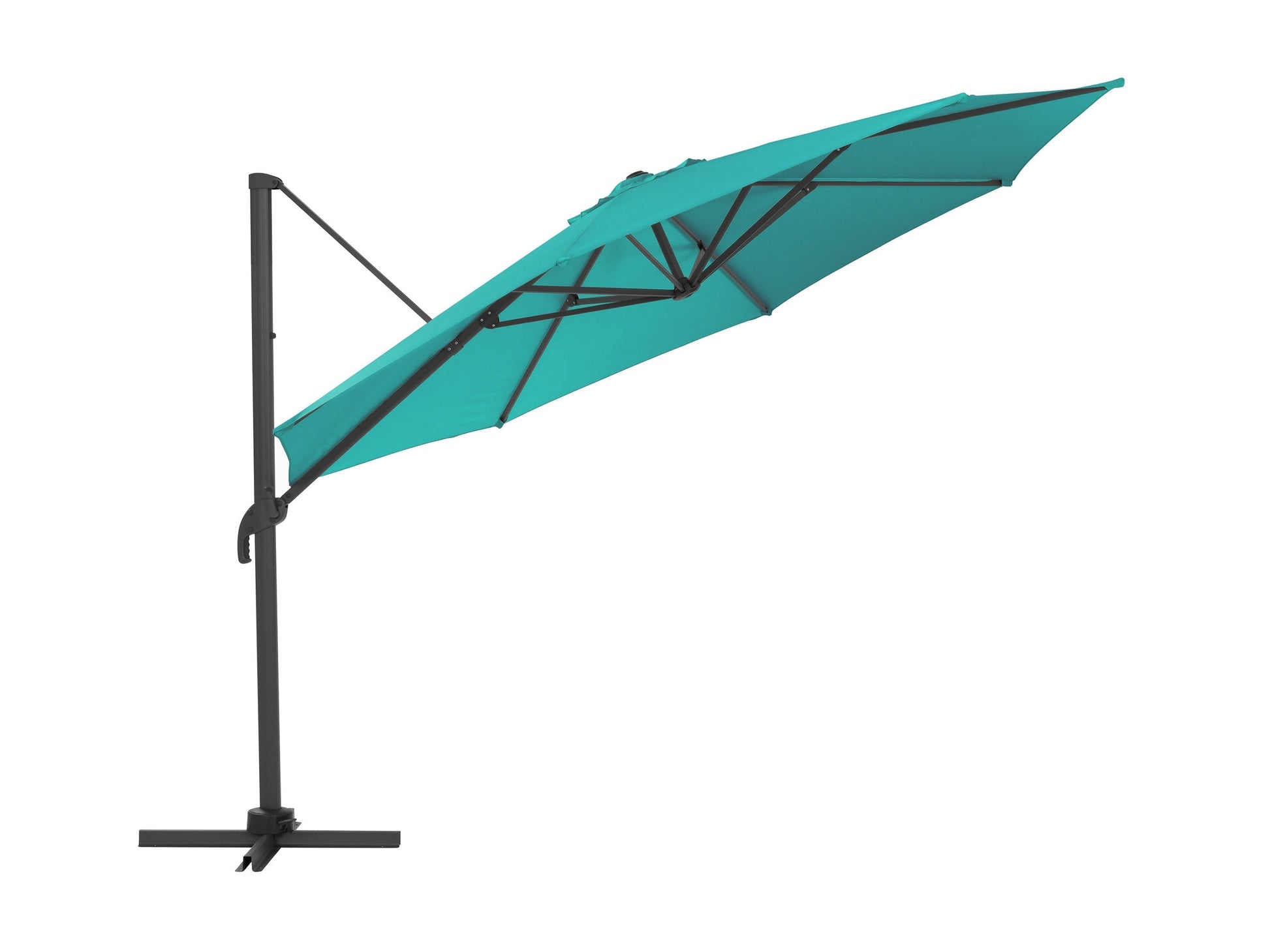 Turquoise 11.5ft deluxe offset patio umbrella with sturdy base and adjustable tilt, perfect for outdoor shade.
