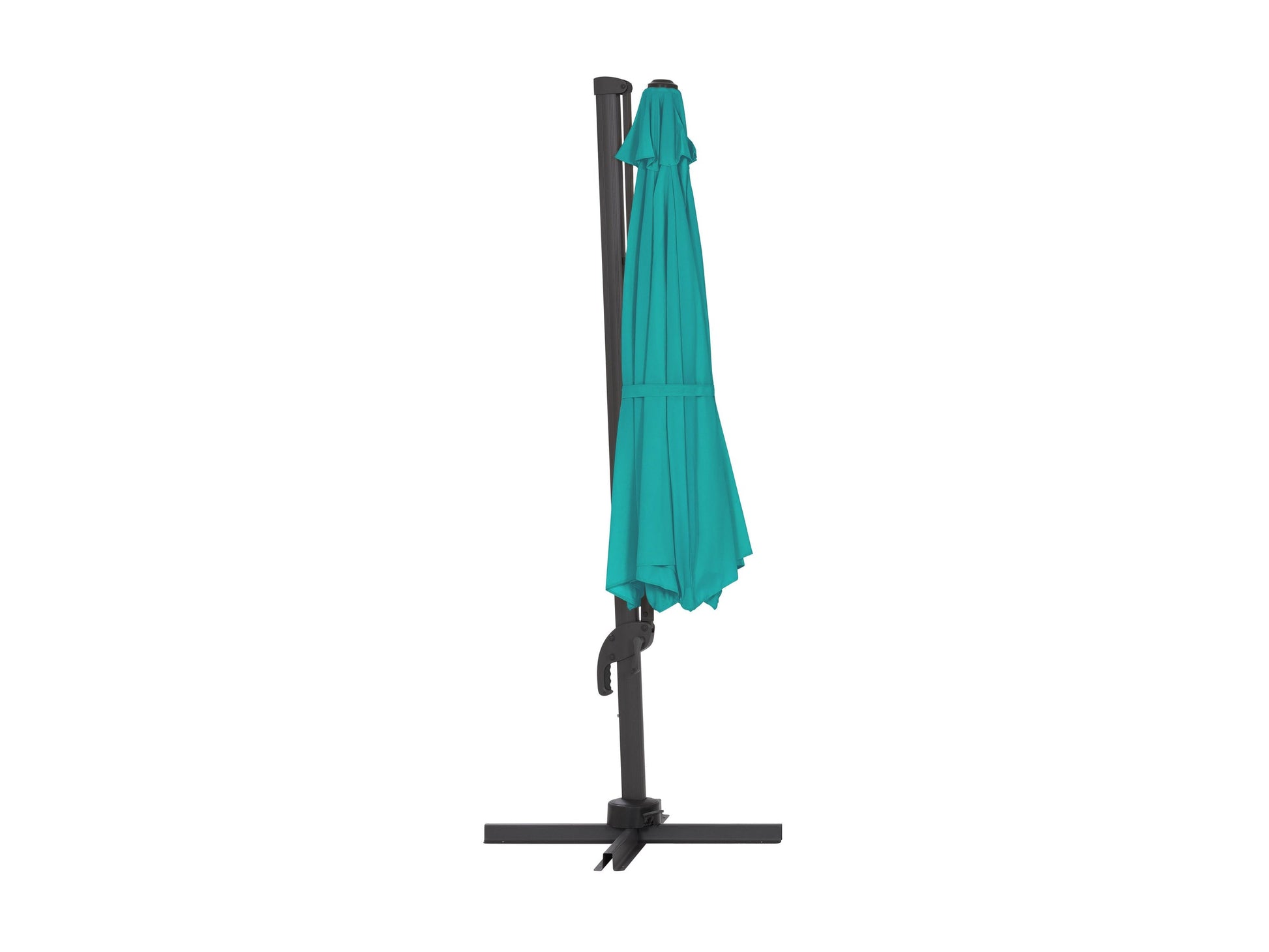Turquoise 11.5ft deluxe offset patio umbrella with sturdy base and UV-resistant canopy for outdoor shade.
