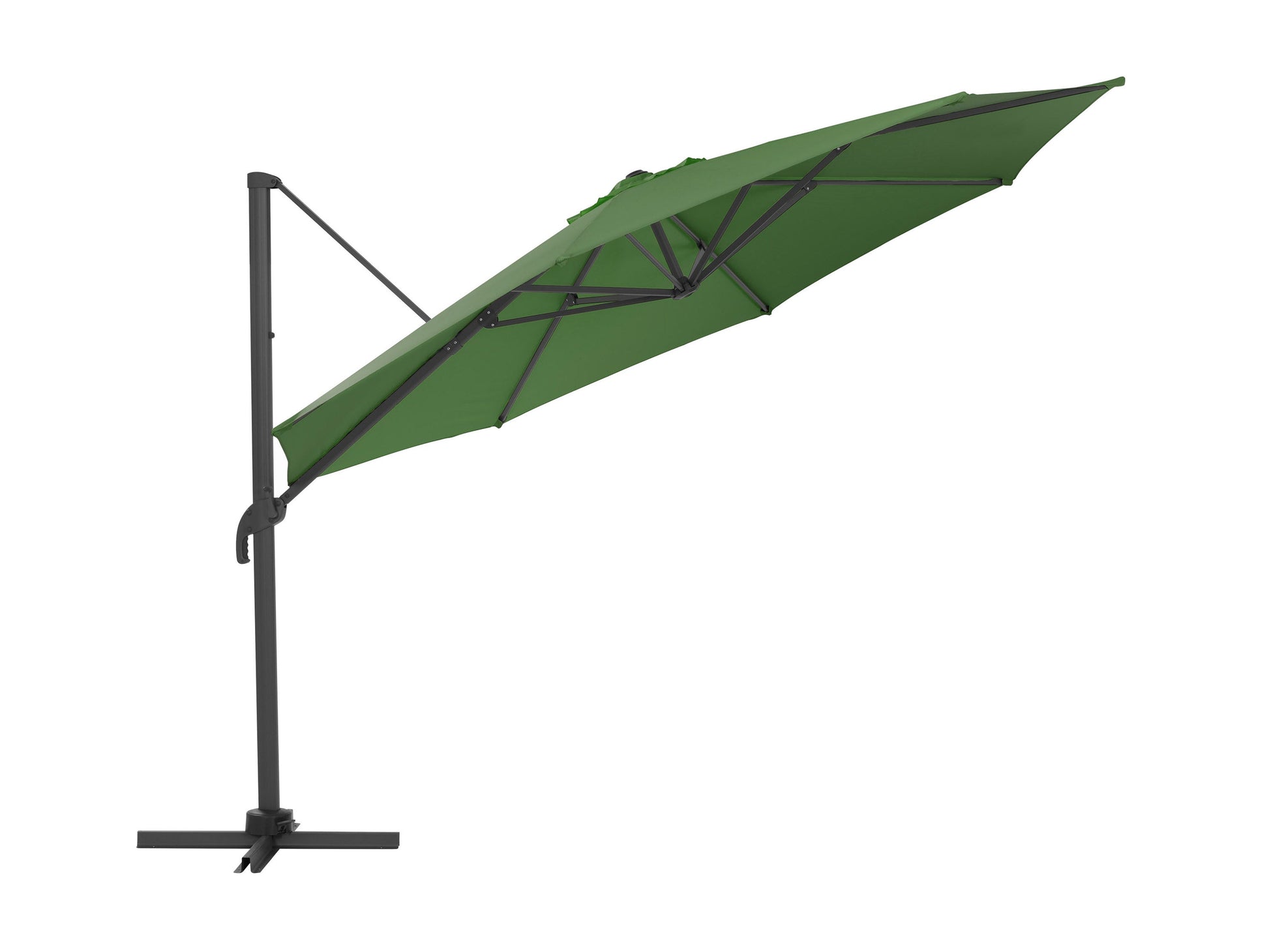 Forest green 11.5ft deluxe offset patio umbrella with durable canopy and sturdy base for outdoor shade.
