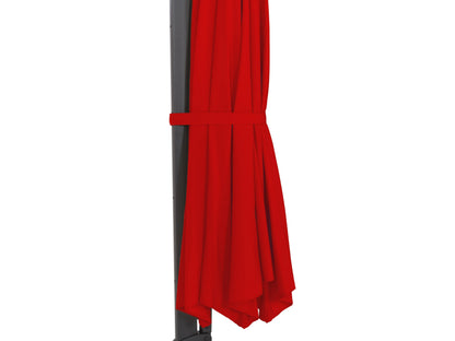 Crimson red 11.5ft deluxe offset patio umbrella with adjustable canopy and sturdy metal frame.
