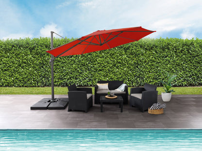 Crimson red 11.5ft deluxe offset patio umbrella with sturdy base and adjustable canopy for outdoor shade.