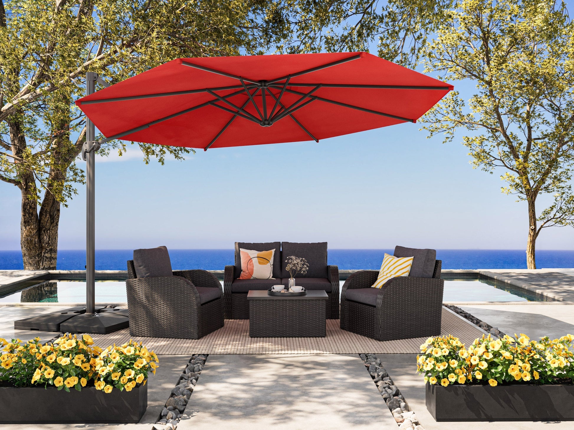Crimson red 11.5ft deluxe offset patio umbrella with a sturdy base and adjustable canopy for outdoor shade.