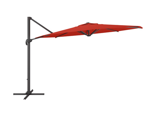 Crimson red 11.5ft deluxe offset patio umbrella with sturdy metal frame and adjustable canopy for outdoor shade.