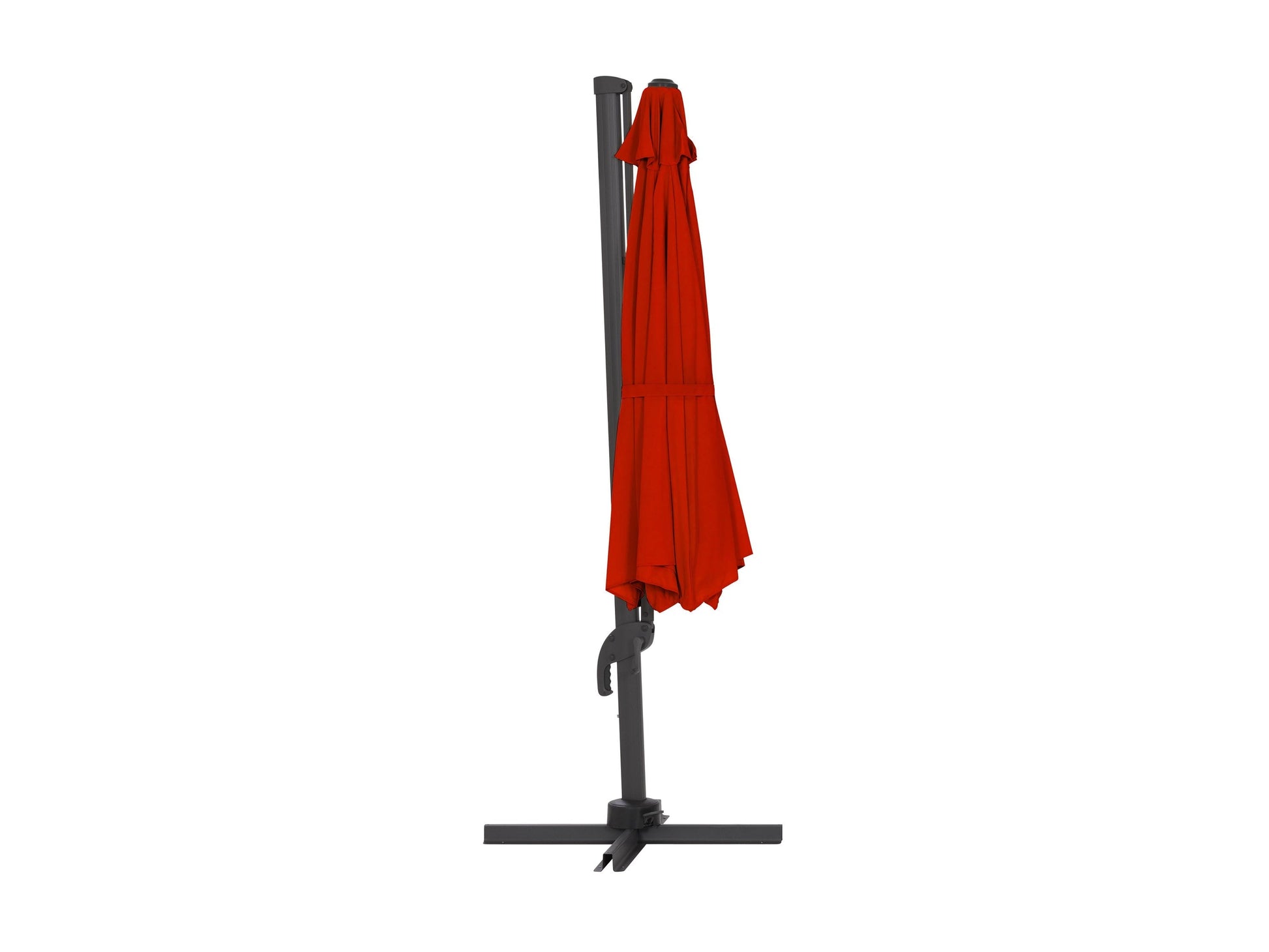 Deluxe offset patio umbrella in crimson red with 11.5ft canopy and sturdy metal frame.