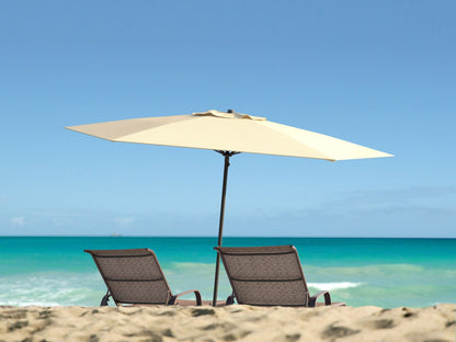 Warm white 7.5ft beach umbrella with UV protection, sturdy aluminum pole, and adjustable tilt feature.