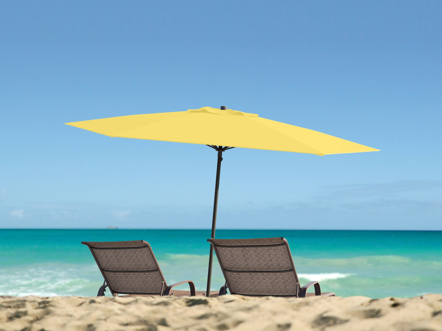 Bright yellow 7.5ft beach umbrella with UV protection, adjustable tilt, and sturdy aluminum pole for outdoor shade.