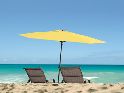 Bright yellow 7.5ft beach umbrella with UV protection, adjustable tilt, and sturdy aluminum pole for outdoor shade.