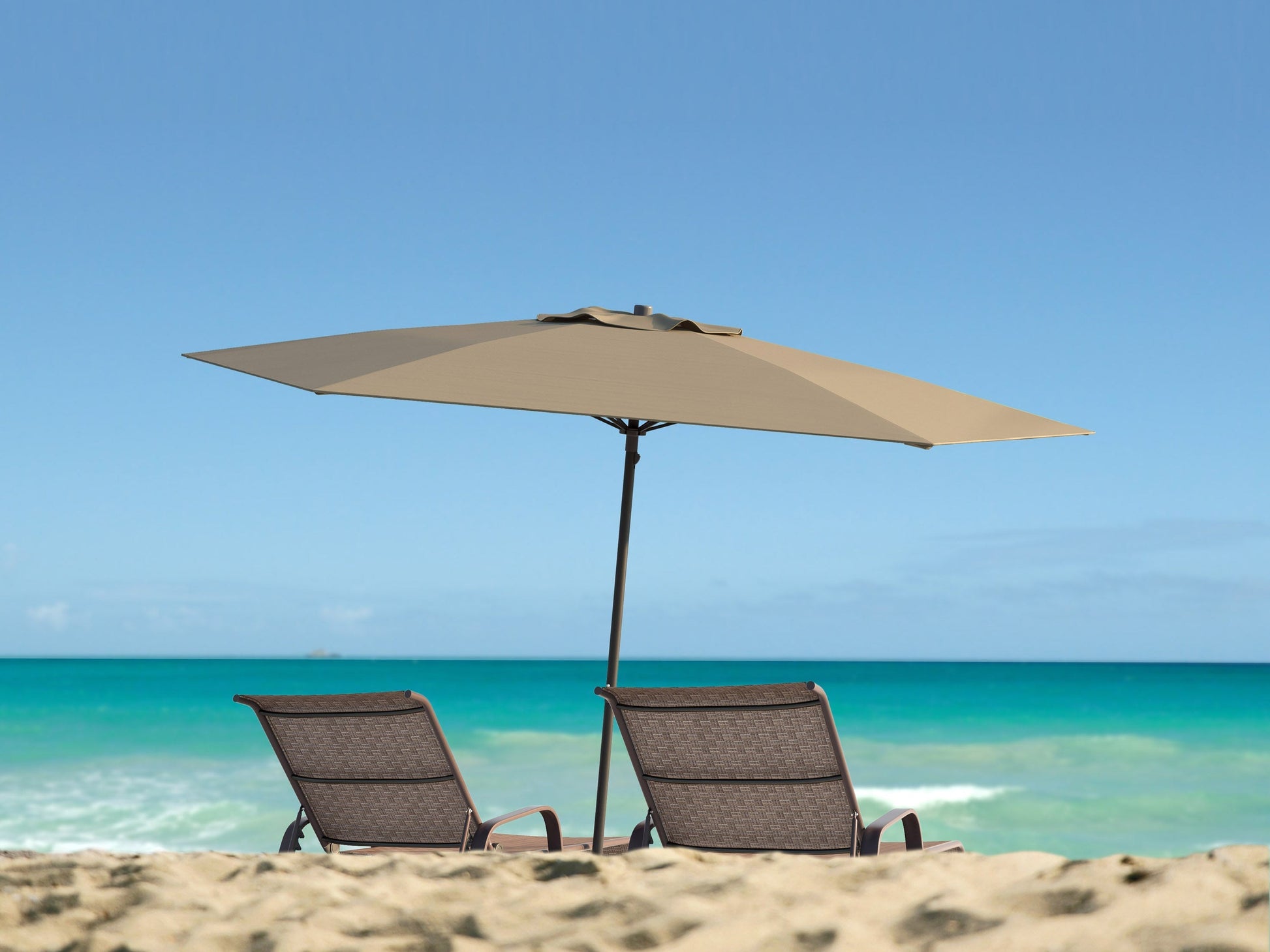 Sandy brown 7.5ft beach umbrella with UV protection and tilt feature, perfect for outdoor shade and beach use.