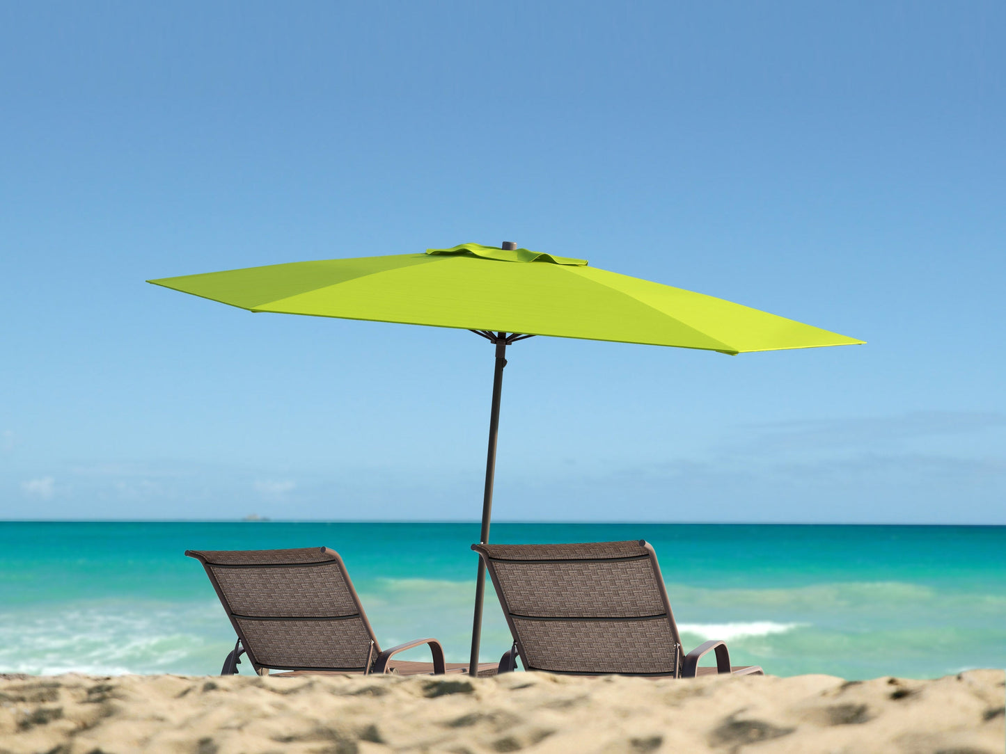 Lime green 7.5ft beach umbrella with tilt feature and UV protection.
