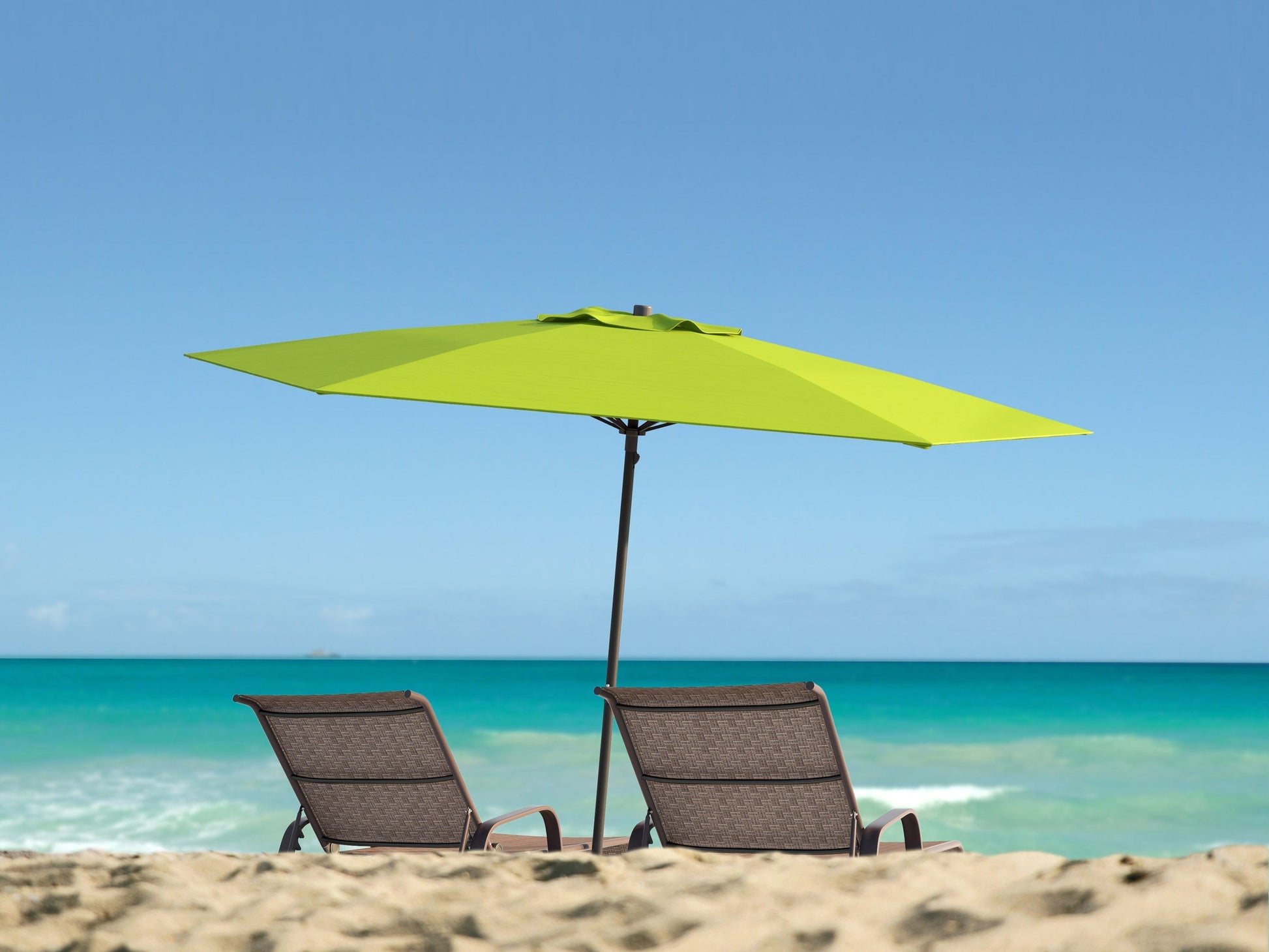 Lime green 7.5ft beach umbrella with tilt feature and UV protection.