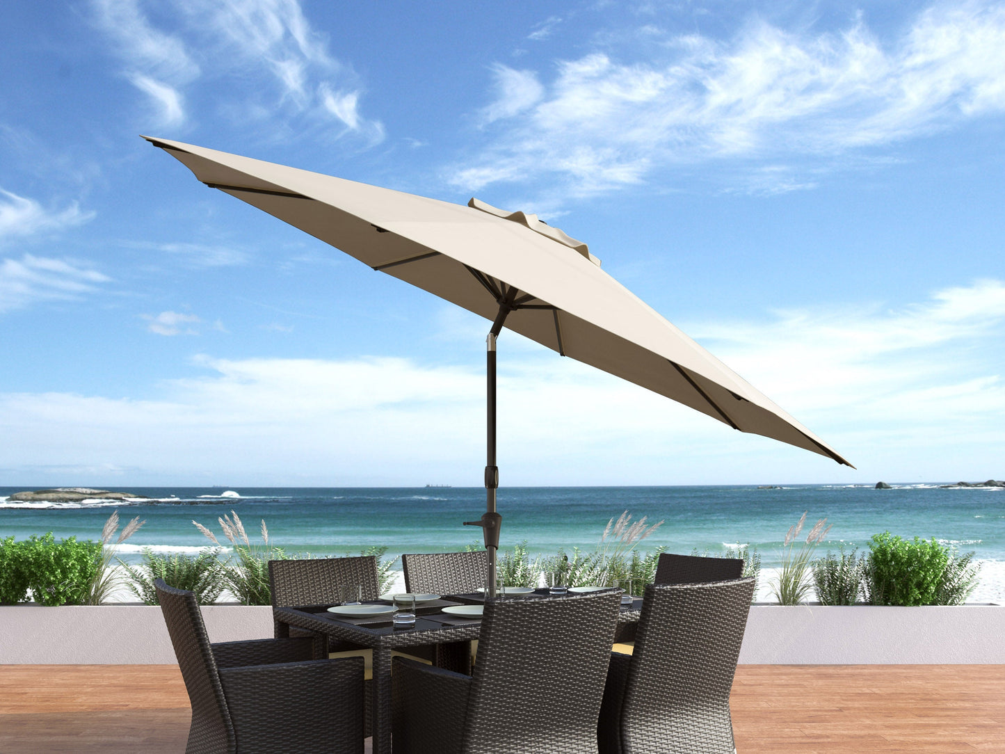 10ft warm white patio umbrella with wind-resistant design and sturdy aluminum frame.