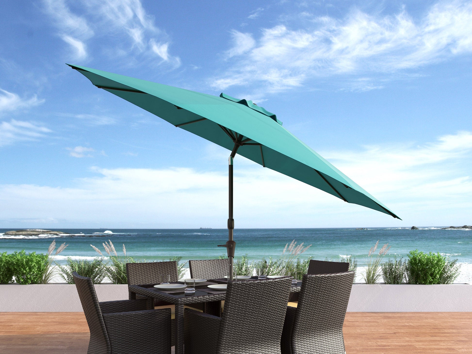 Turquoise 10ft patio umbrella with wind-resistant design and sturdy aluminum frame for outdoor use.
