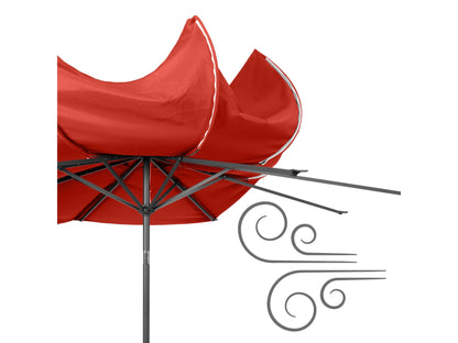 Crimson red 10ft patio umbrella, wind-resistant, durable fabric, sturdy pole, perfect for outdoor shade.