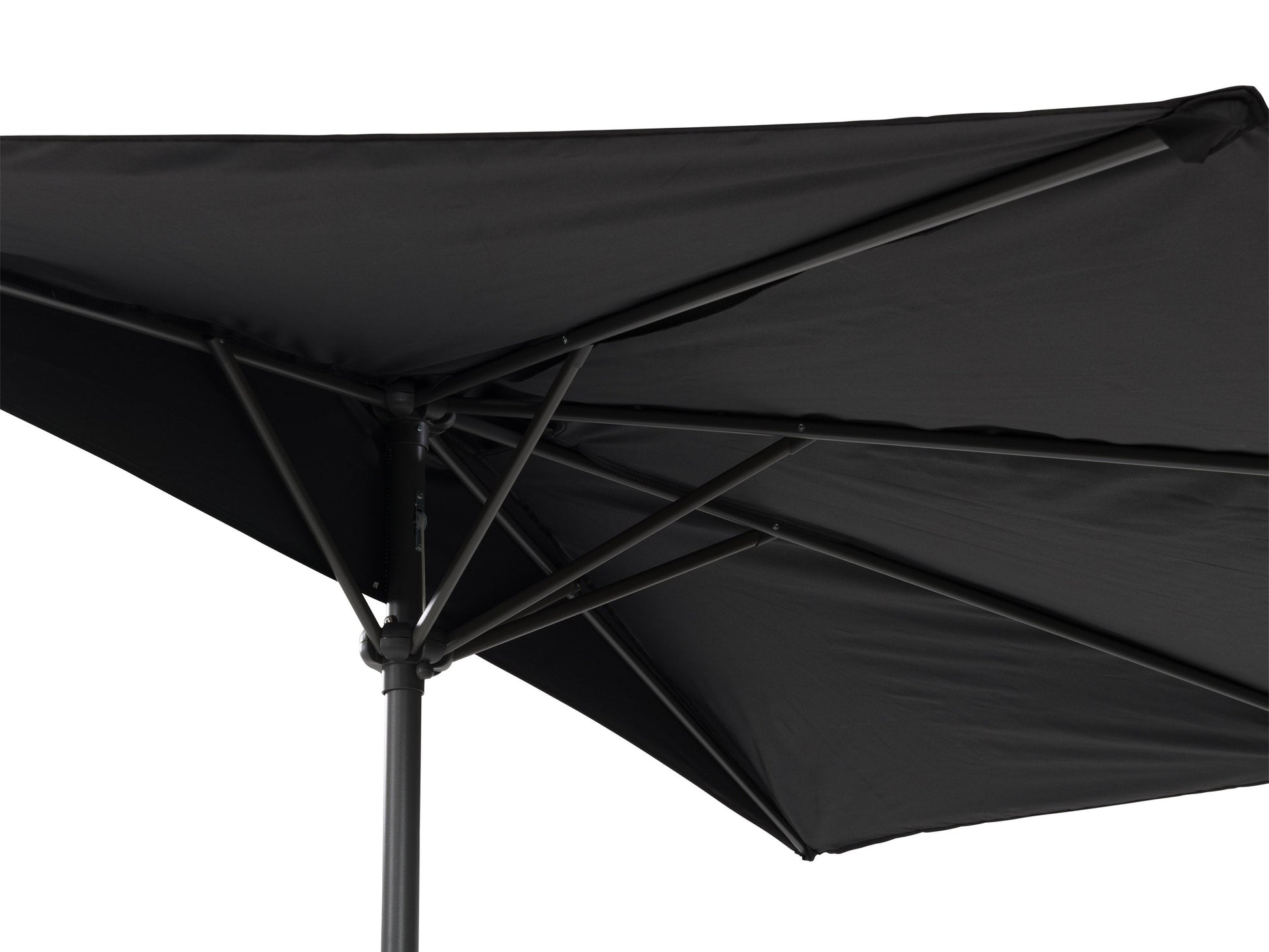 Black 8.5ft half umbrella with UV protection, durable canopy, and sturdy metal frame for patios and balconies.