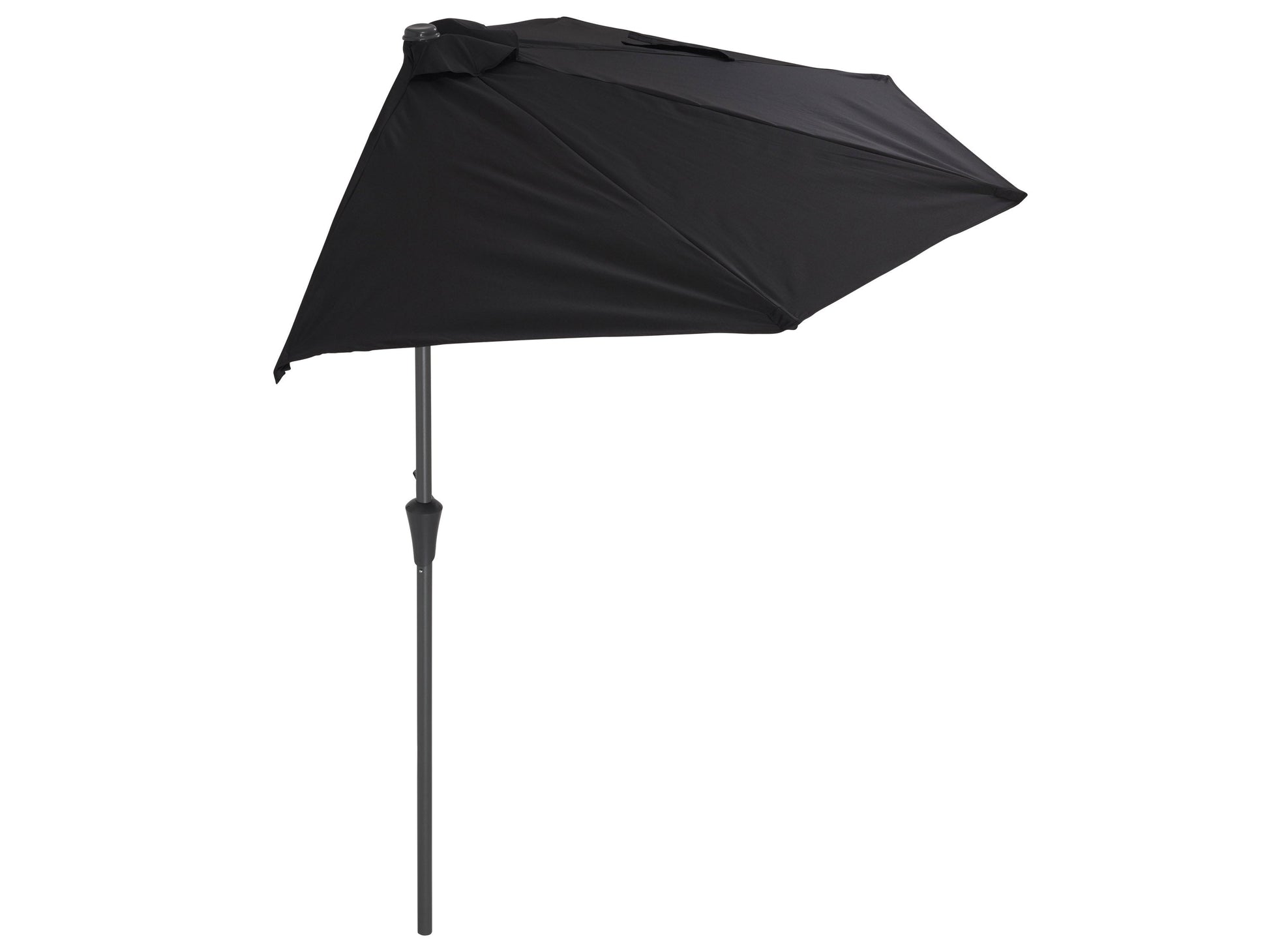 Black 8.5ft half umbrella with UV protection, sturdy aluminum frame, and crank lift for patios and balconies.