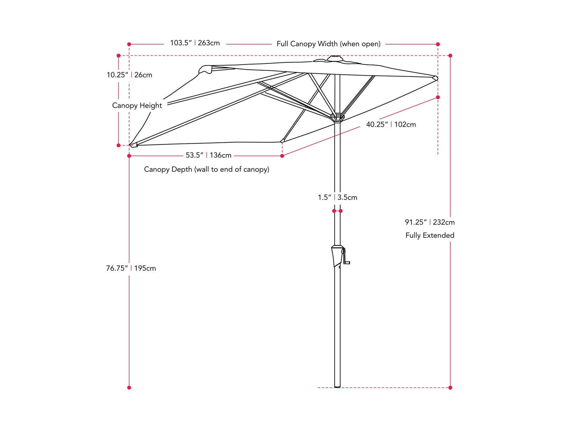 Black 8.5ft half umbrella with durable fabric, easy crank handle, and sturdy metal frame for compact outdoor spaces.