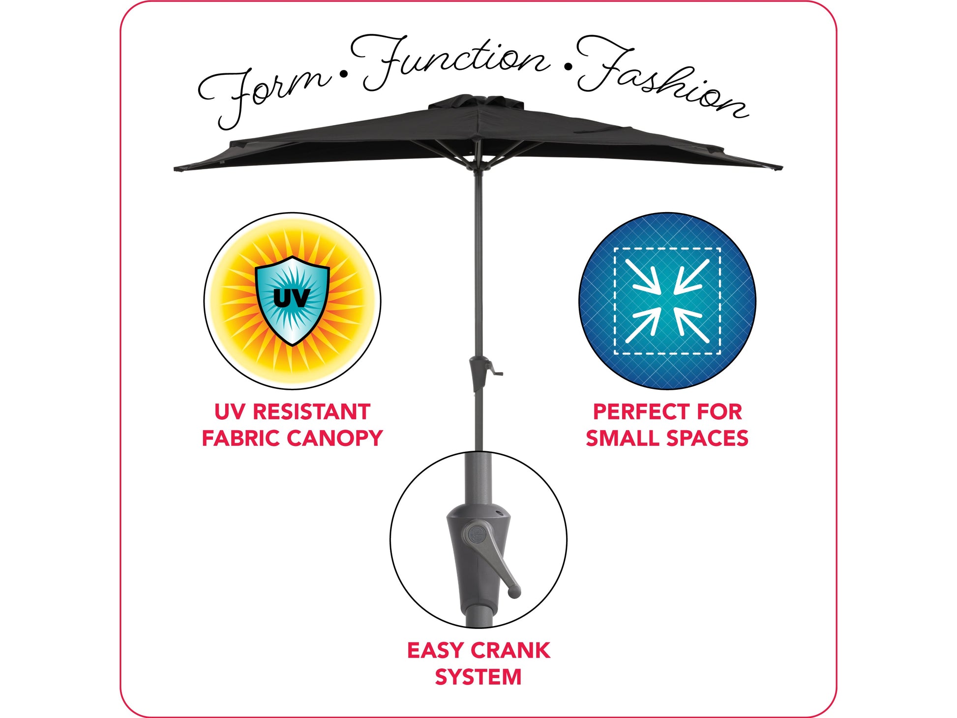 Black 8.5ft half umbrella with sturdy metal frame and UV-resistant fabric for patio or balcony use.