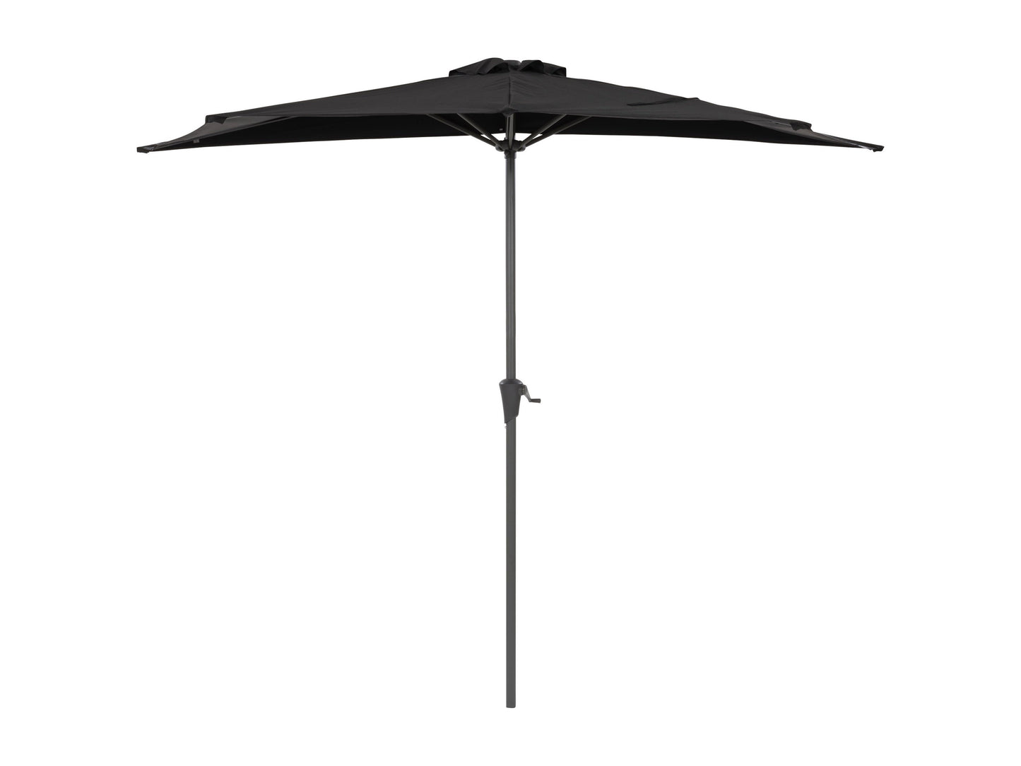 Black half umbrella with 8.5ft span, durable fabric, and sturdy metal frame for compact outdoor spaces.