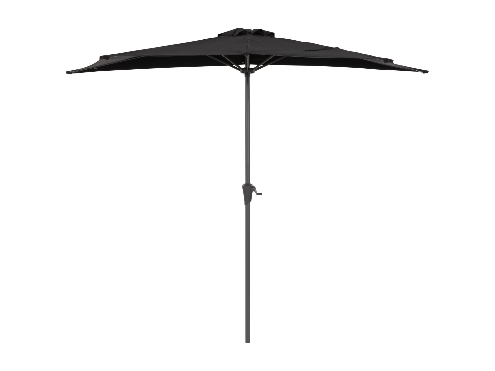 Black half umbrella with 8.5ft span, durable fabric, and sturdy metal frame for compact outdoor spaces.